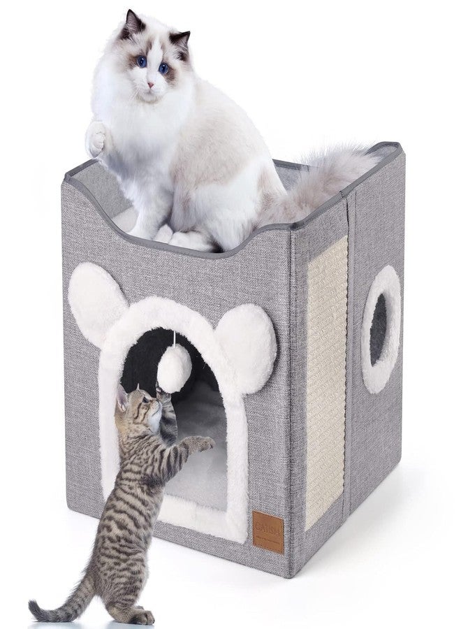 ARJEX Foldable Cat House 2 Layers, Cat Beds for Indoor Cats - Large Cat Cave for Pet Cat House with Fluffy Ball Hanging and Scratch Pad, Foldable Hideaway, 40x40x40 CM - Image 1